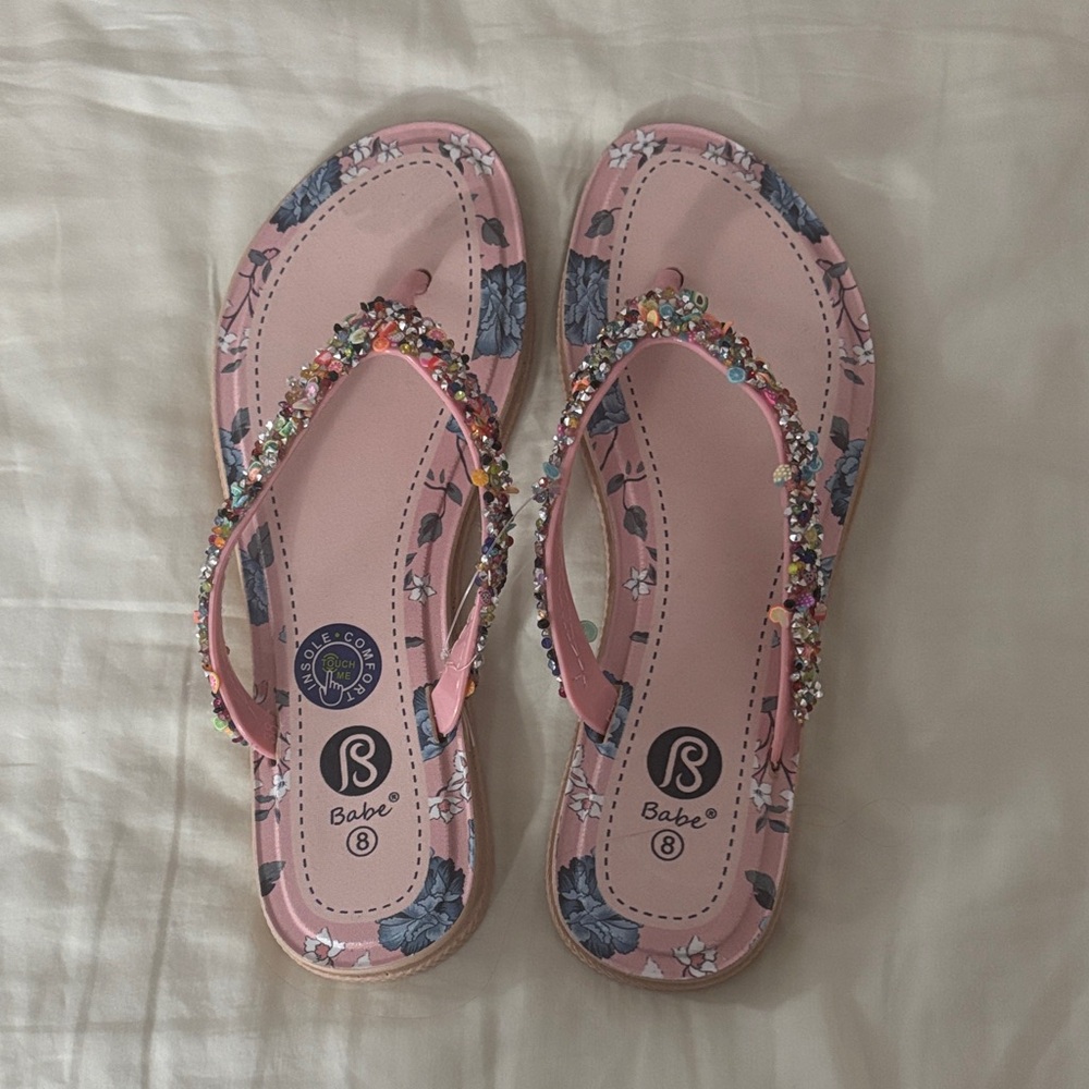 Pink Floral Beaded Flip Flops